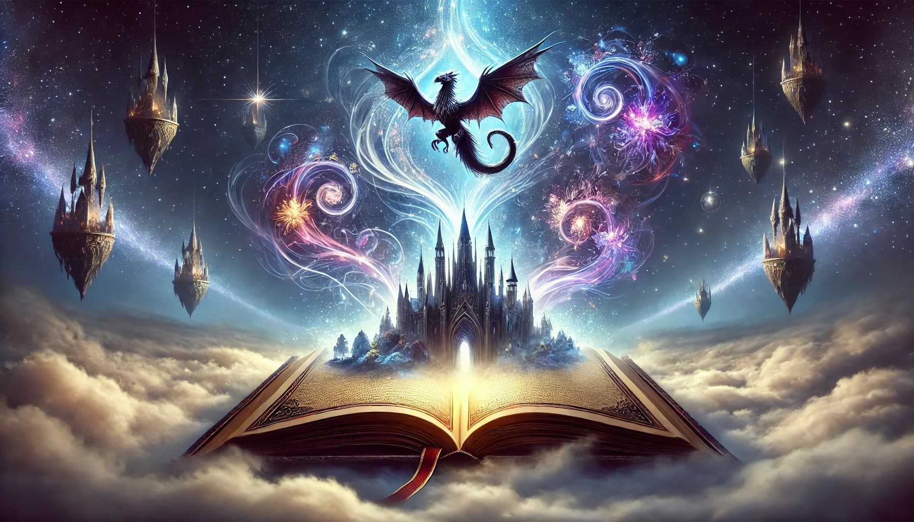 An open storybook unfolding into a fantasy world